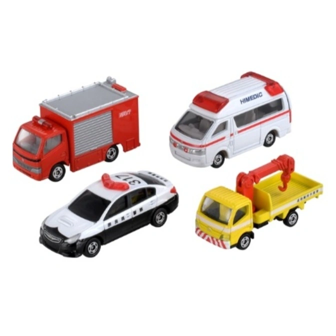 Toy emergency vehicles: fire truck, ambulance, police car, and tow truck.