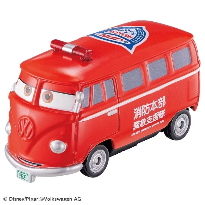 Red toy VW bus as a fire rescue vehicle with eyes and a light bar on top.