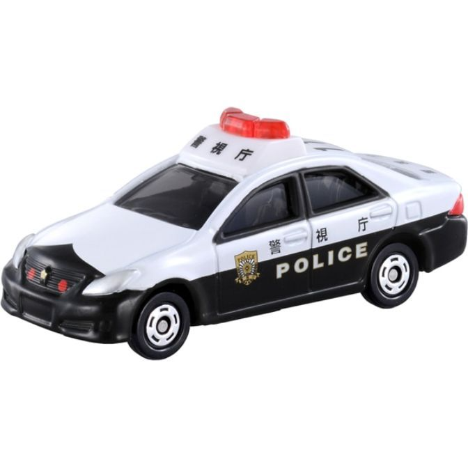Toy police car with red light bar and black and white paint job. "POLICE" is printed on the side.