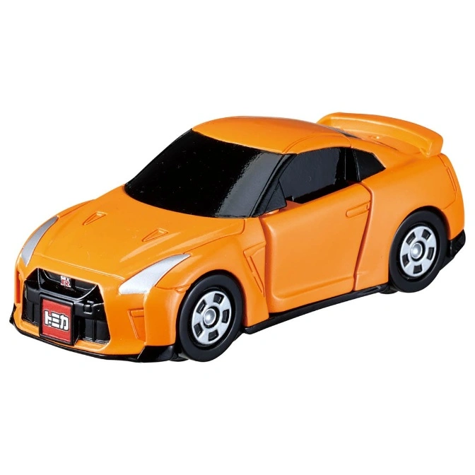 Orange toy Nissan GT-R with black wheels and tinted windows.