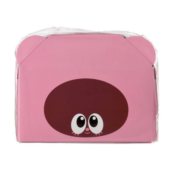  Pink bear-themed gift box with cartoon face and ears, wrapped in clear plastic.