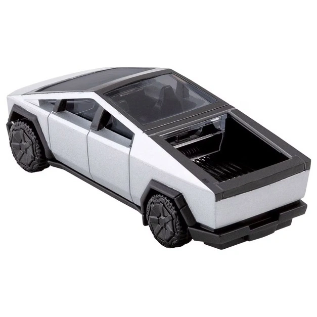  Silver toy Tesla Cybertruck with black trim and tires.