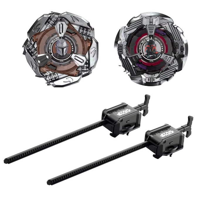 Star Wars Beyblade set with two tops and launchers. Features Mandalorian designs.