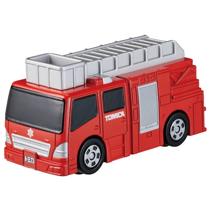 Red Tomica toy fire engine with silver ladder.