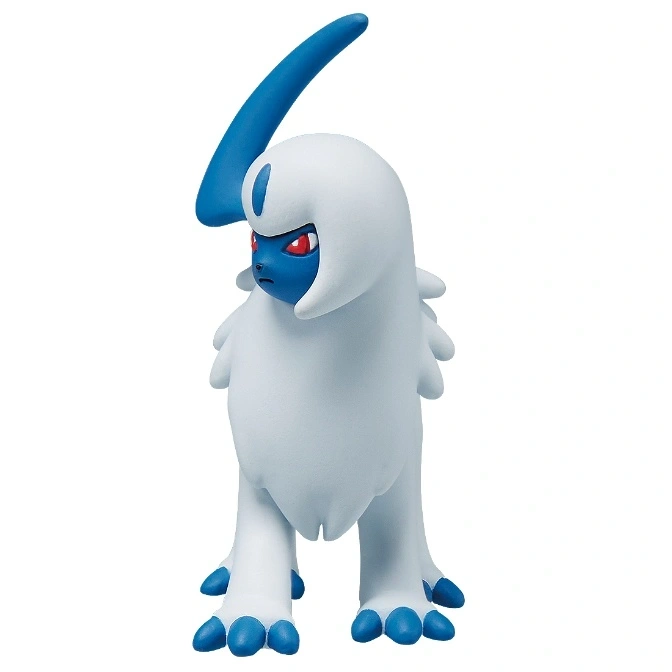 Absol figurine with white fur, blue face and horn, and red eyes.