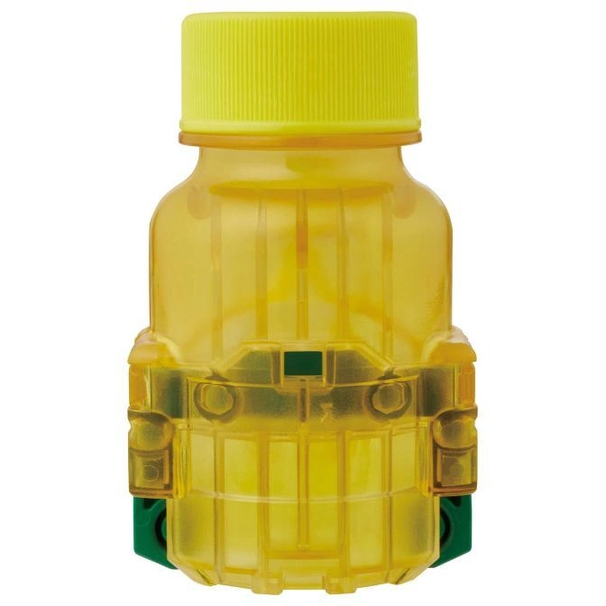  Yellow toy bottle with green accents, resembling a train car.