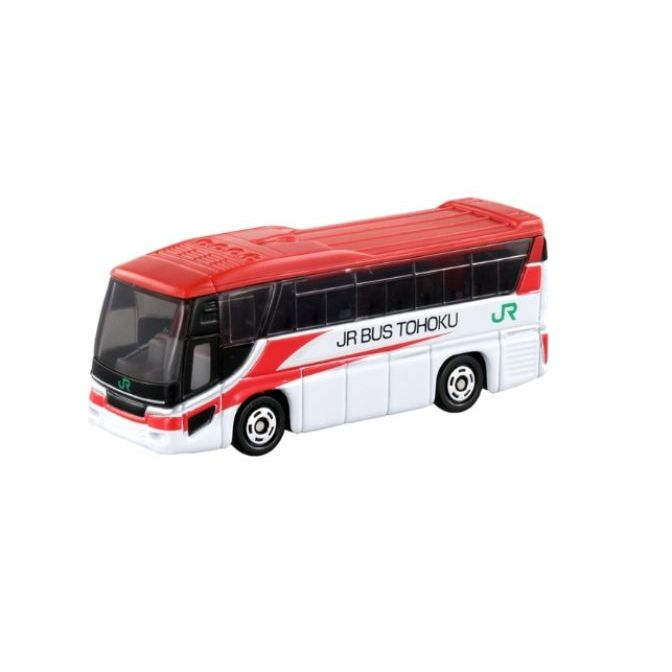 Red and white toy JR Bus Tohoku with black windows and wheels.