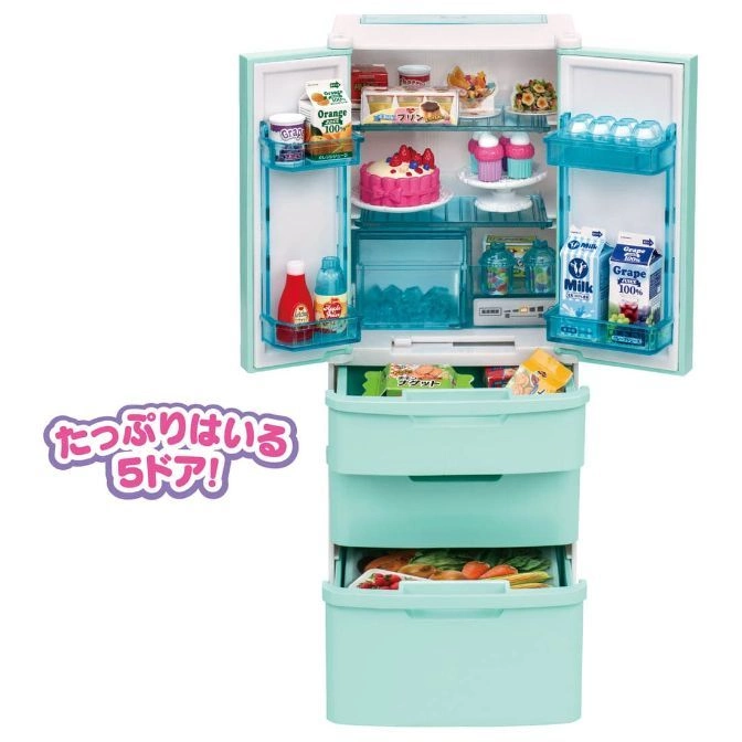  Toy fridge with open doors, filled with miniature food and drinks, and three pull-out drawers.