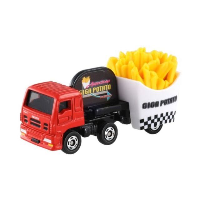 Red Isuzu truck toy carrying french fries in a "Giga Potato" container.