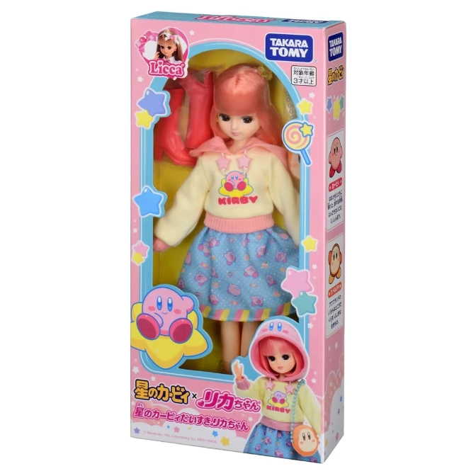  Licca doll in Kirby-themed outfit, packaged in a box with Kirby graphics.
