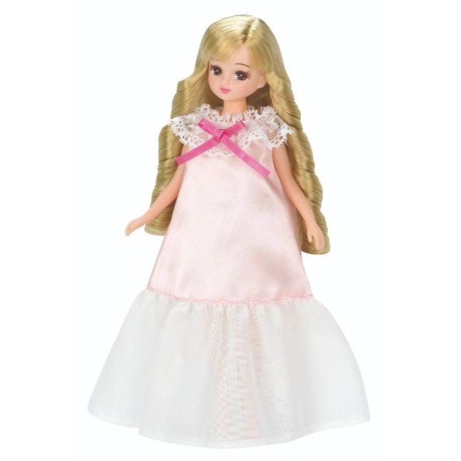  Blonde doll in pink dress with white lace and ribbon.