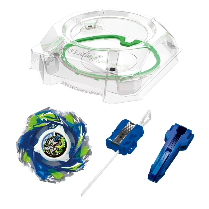  Beyblade X stadium, launcher, and spinning top toy set with blue and green accents.