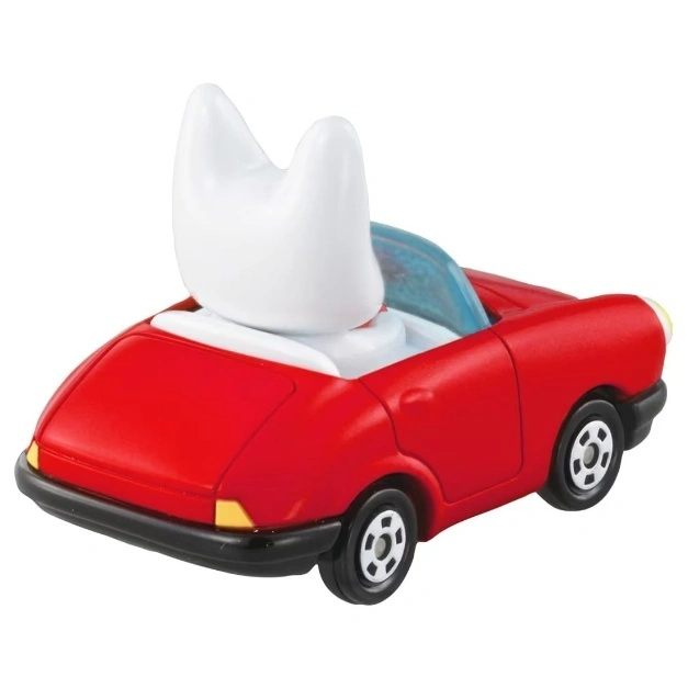  Red toy convertible car with white cat ears sticking up from the back seat.