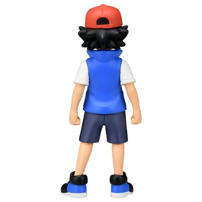  Ash Ketchum toy figure from behind, wearing a red cap, blue vest, and sneakers.