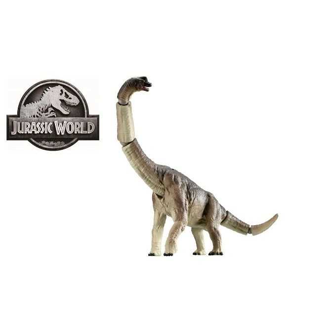  Brachiosaurus dinosaur toy with articulated neck, standing next to the Jurassic World logo.