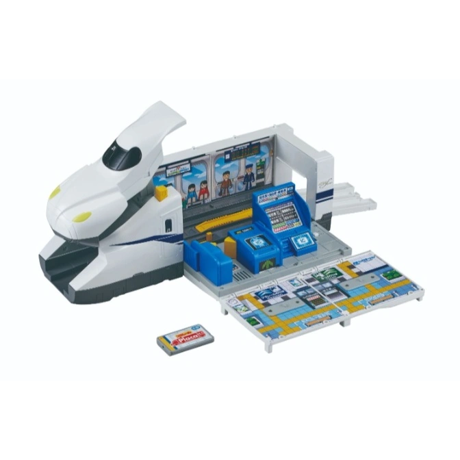 Toy train station with bullet train, ticket machines, and platform. Playset is open, revealing interior details.