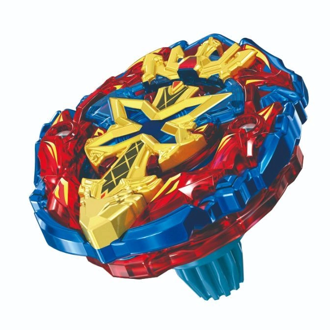 Red and blue Beyblade with a gold center design.