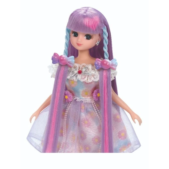  Doll with purple hair, blue braids, and a floral dress.