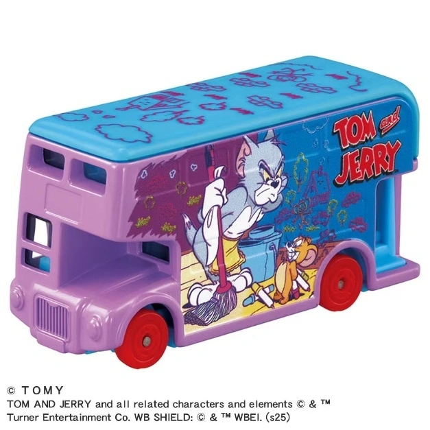 Tom and Jerry double-decker bus toy with cartoon graphics and red wheels.