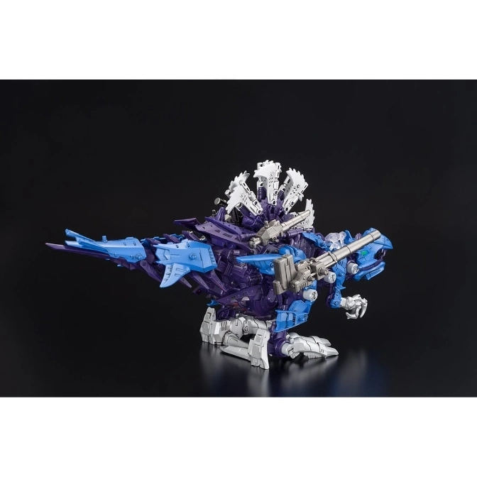  Blue and purple dinosaur robot toy with white accents, posed on a black surface.