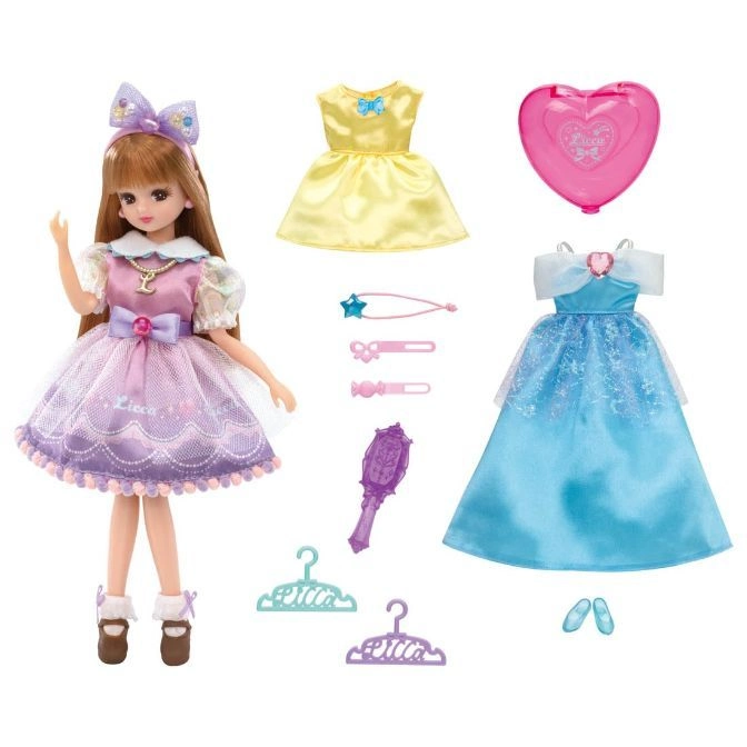 Licca doll with dresses, accessories, and hangers for dress-up play.