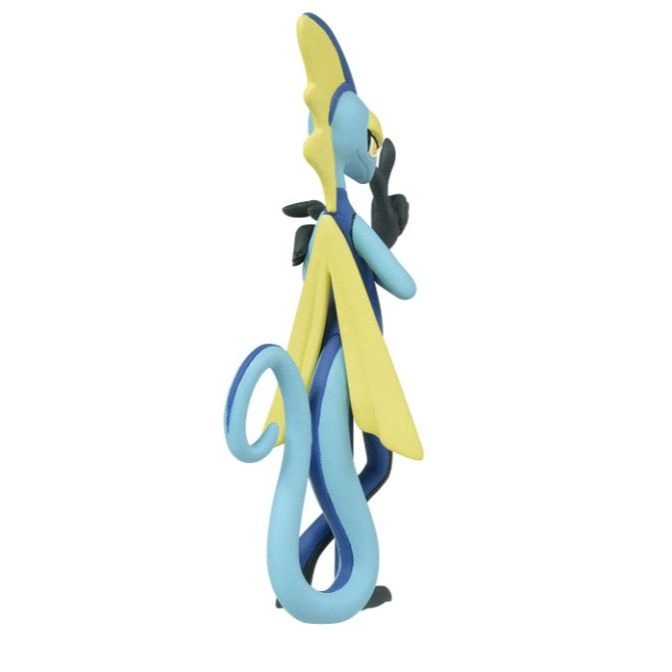  A blue and yellow Inteleon Pokémon toy figure with a curled tail and black gloves.