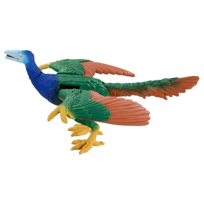  Colourful Archaeopteryx toy with blue head, green body, and orange wings.
