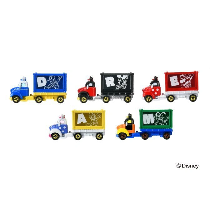  Disney alphabet trucks: D, R, E, A, M. Each truck has a lettered container with a Disney character.