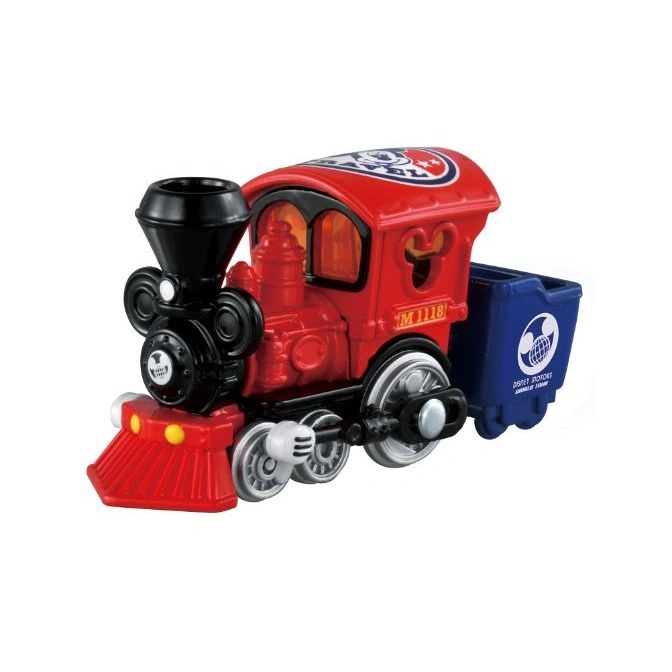 Red and black Disney toy train with blue tender car.