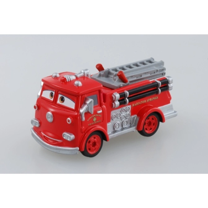  Red toy fire truck with eyes and a ladder, resembling a character from the movie Cars.