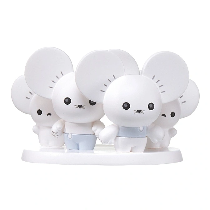 White mouse toy figures with blue overalls and large ears on a white base.
