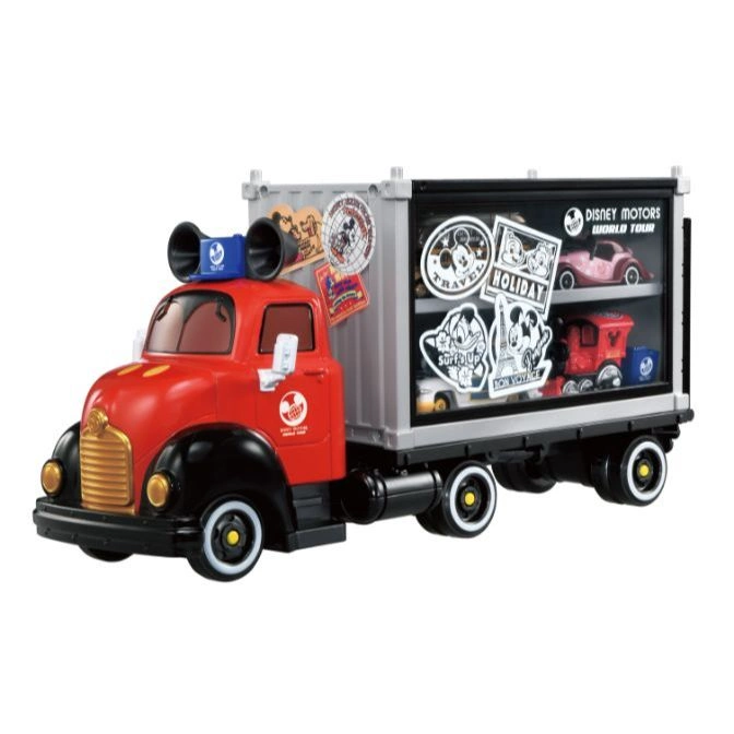 Disney Motors World Tour truck toy with red cab and sticker-covered trailer showcasing toy cars.