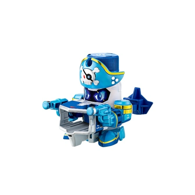 Blue pirate robot toy with skull and crossbones eye patch, holding a grey platform.