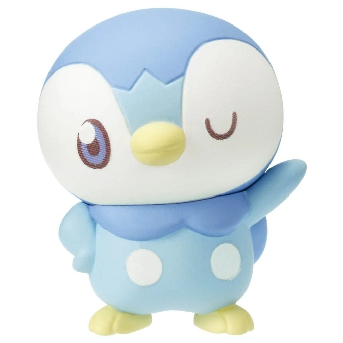 Piplup toy figure with one eye closed, waving. Light blue and white.