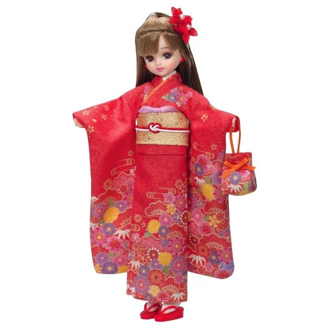  Licca doll in red floral kimono with matching purse and hair accessory.