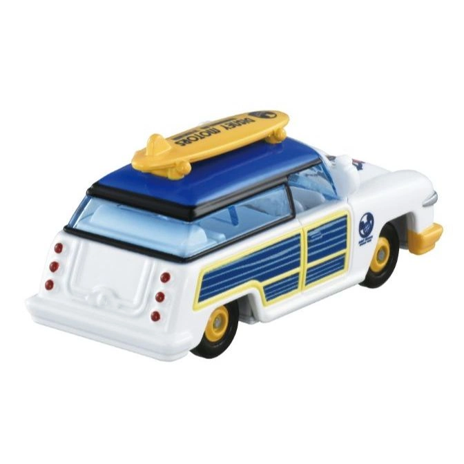  Disney Motors Woody toy car with surfboard on top, white and blue.