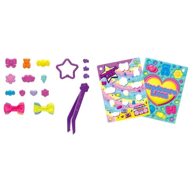  Neodekora Licca toy with colorful charms, tweezers, and sticker sheets for customizing accessories.