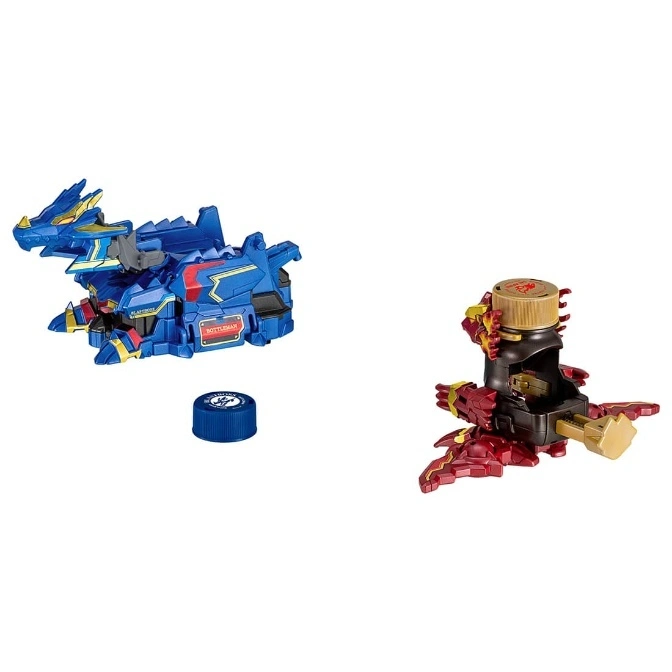  Two Bottleman toys: a blue dragon and a red phoenix, each with a bottle cap.