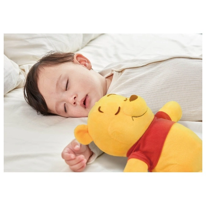  Baby sleeping with a plush Winnie the Pooh toy in a red shirt.