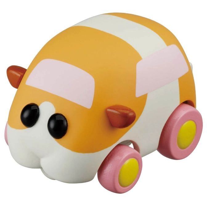 Orange and white guinea pig car toy with pink wheels and black eyes.