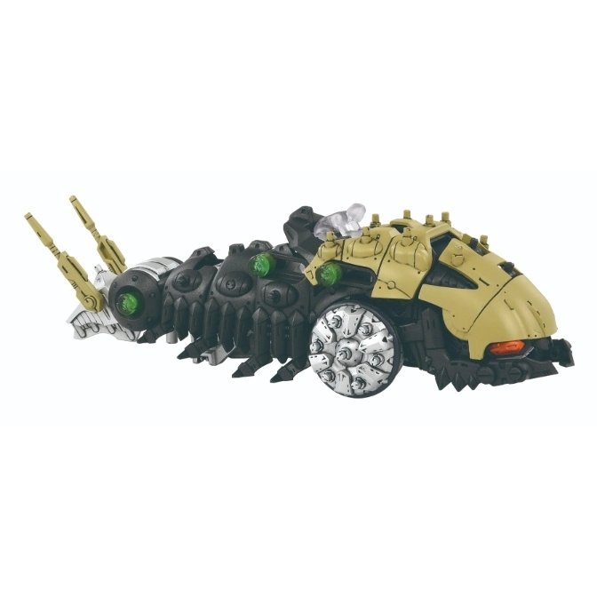 Zoids Dark Horn toy: tan head, black body, silver accents, green eyes, and a spiked wheel.