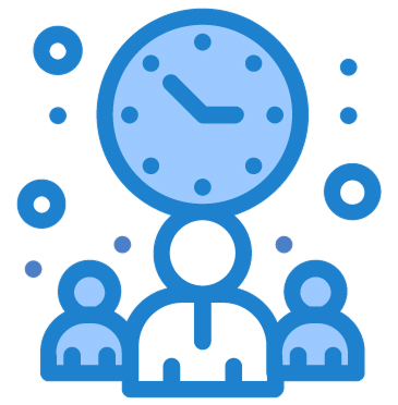 Blue icon showing team with clock for time management.