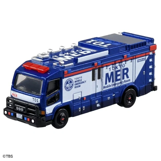 Blue and white Tokyo MER emergency vehicle toy with red lights and 'T01' on the front.