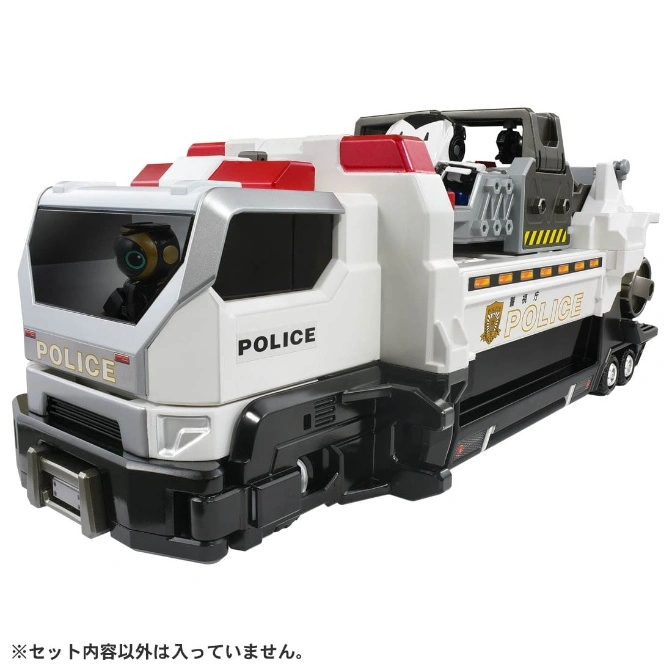 Toy police truck with black and white design, featuring a robot figure inside the cabin.