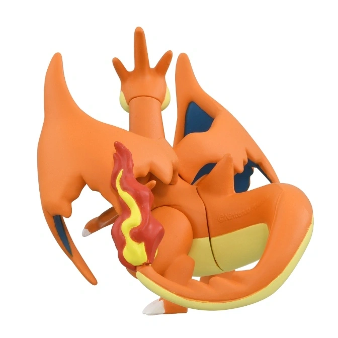  Charizard toy figure with orange body, blue wings, and flame on tail.