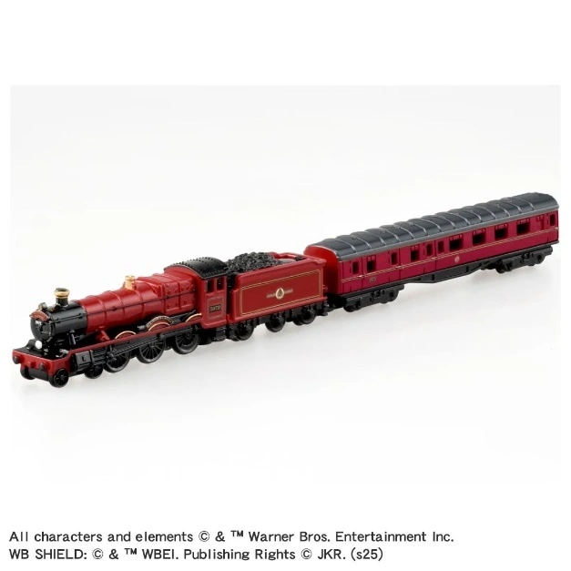  Red Hogwarts Express toy train with coal car and passenger car.