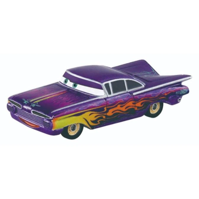 Purple toy car with flame decals and cartoon eyes.