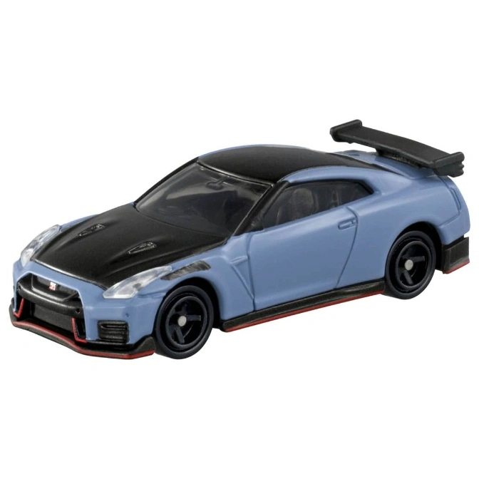 Blue toy Nissan GT-R with black hood and spoiler, red trim.