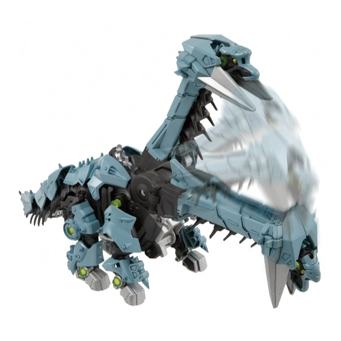  Blue mechanical dinosaur toy with moving neck and jaws.