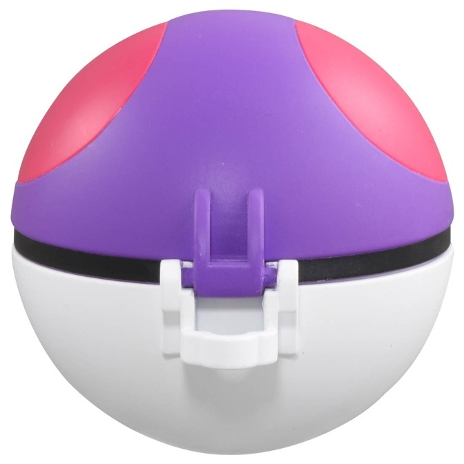 Purple and pink Pokémon ball toy with a white base and a latch.